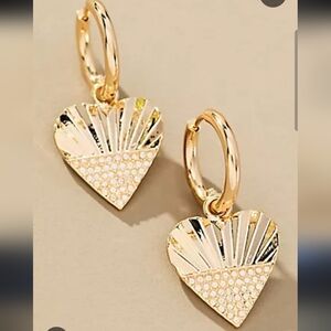 Anthropologie Crystal Heart Huggie Hoop Earrings